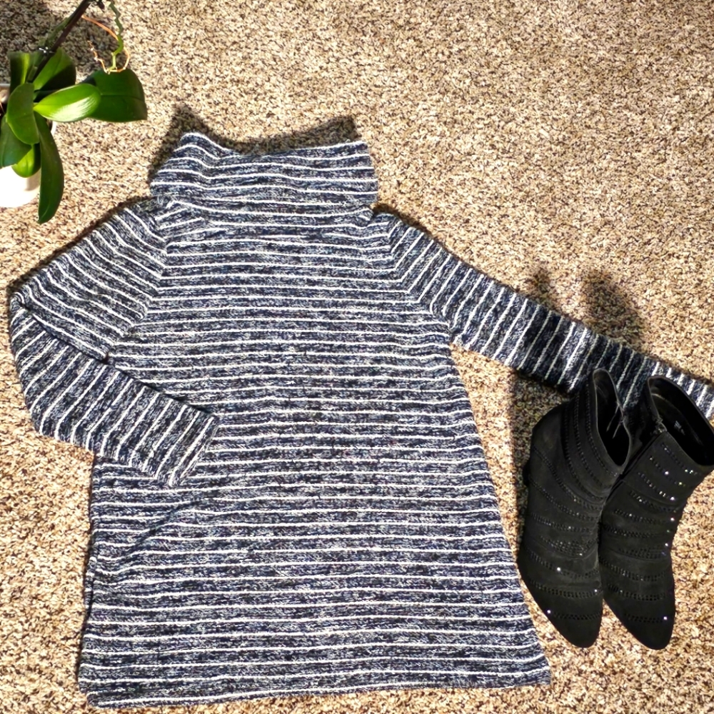 LOFT Womens 3/4 Sleeve Cowl Neck Sweater Blue Black White Marled Stripe
